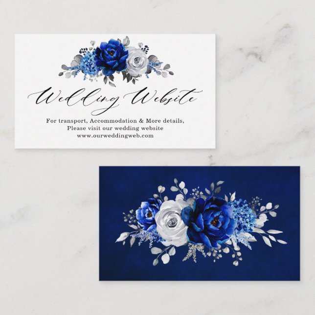Carte D'accompagnement Royal Blue White Silver Floral Détails du site web (Devant / Derrière)