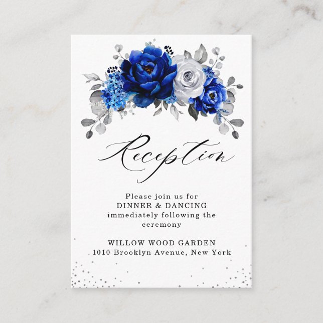 Carte D'accompagnement Royal Blue White Silver Floral Mariage Réception (Devant)