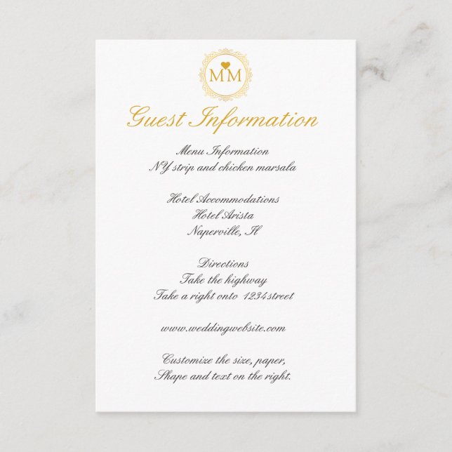 Carte D'accompagnement Royal Mariage Gold Script Informations clients (Devant)
