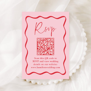 Carte D'accompagnement RSVP au code QR avec cadre ondulé rose et rouge mo