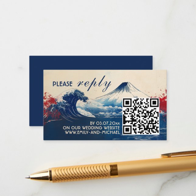 Carte D'accompagnement RSVP avec code QR Harmonie japonaise avec Fuji (Devant/Arrière en situation)