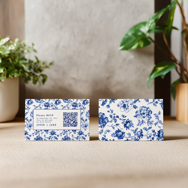 Carte D'accompagnement RSVP Floral Bleu Inspiré par le logiciel avec code (Vintage style Delftware rsvp enclosure card with qr code)