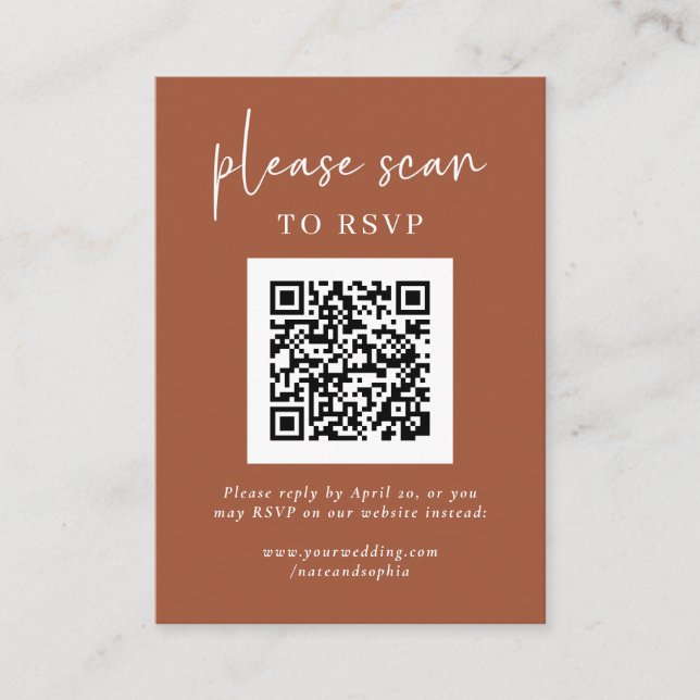 Carte D'accompagnement RSVP moderne simple avec code QR | Terre cuite (Devant)