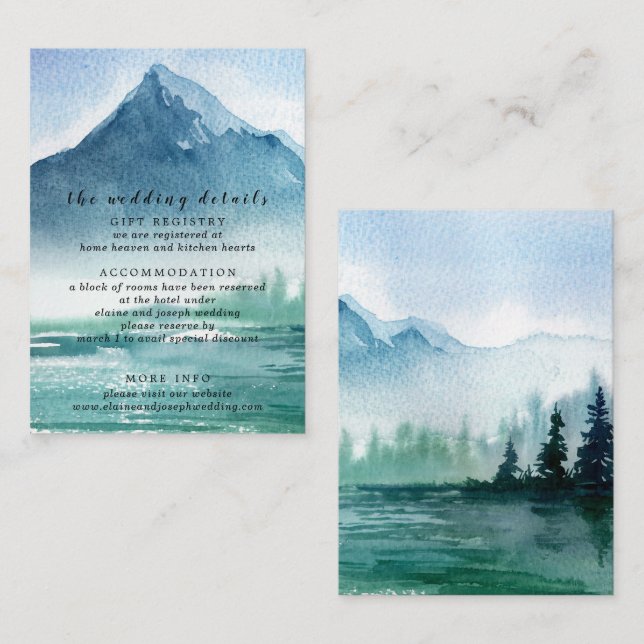 Carte D'accompagnement Russe Aquarelle Pine Mountains Lac Mariage (Devant / Derrière)