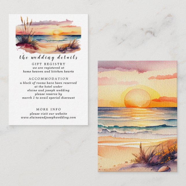 Carte D'accompagnement Russe aquarelle Sunset Beach Mariage (Devant / Derrière)