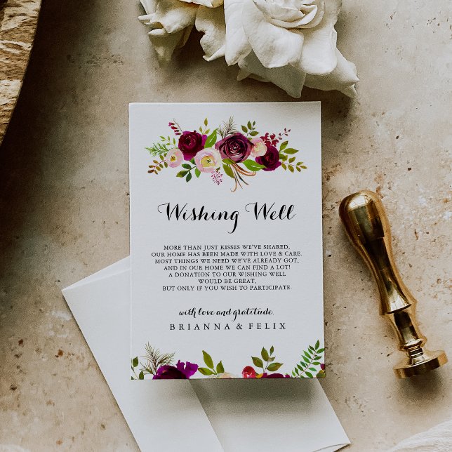 Carte D'accompagnement Russe Blush Bourgogne Floral Mariage Wishing well (Créateur téléchargé)