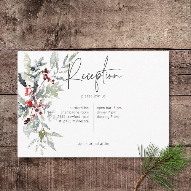 Carte D'accompagnement Russe Winter Holly Berries & Réception Neige (Rustic Winter Holly Berries & Snow Wedding Reception Card)