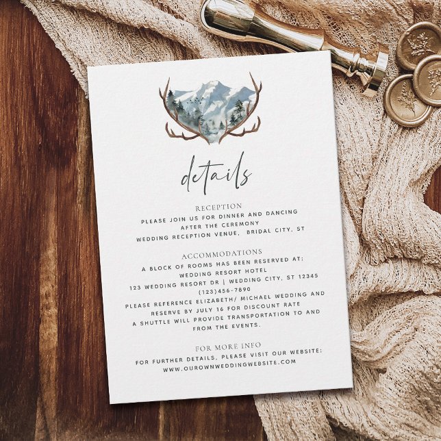 Carte D'accompagnement Rustic Antlers Mountain Détails du Mariage (Créateur téléchargé)