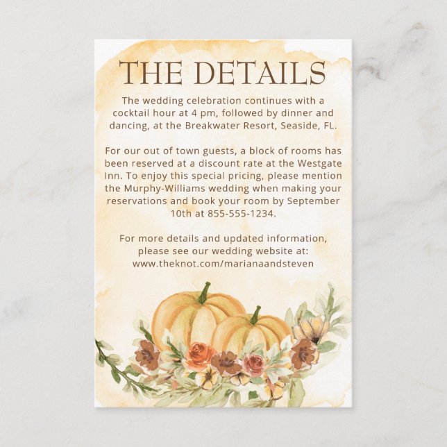 Carte D'accompagnement Rustic Automne Citrouille Détails Mariage (Devant)