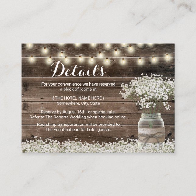 Carte D'accompagnement Rustic Baby's Breath Floral Hôtel Hébergements (Devant)