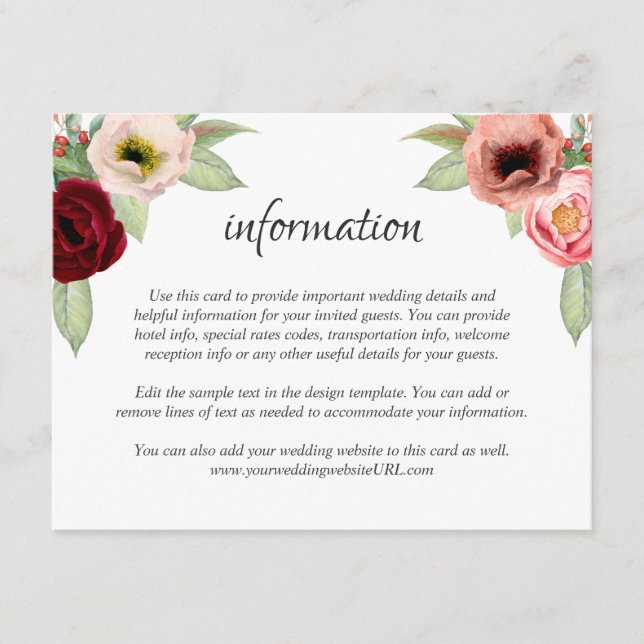 Carte D'accompagnement Rustic Boho Floral Mariage Détails Information (Devant)
