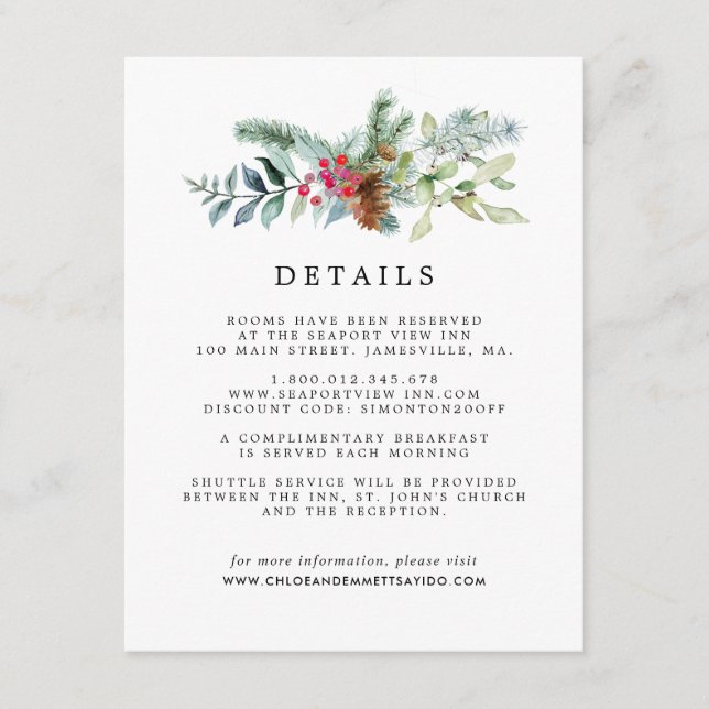 Carte D'accompagnement Rustic Botanical Winter Wedding Détails de l'invit (Devant)