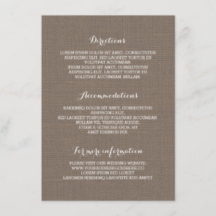 Carte D'accompagnement Rustic Burlap Détails du Mariage - Informations