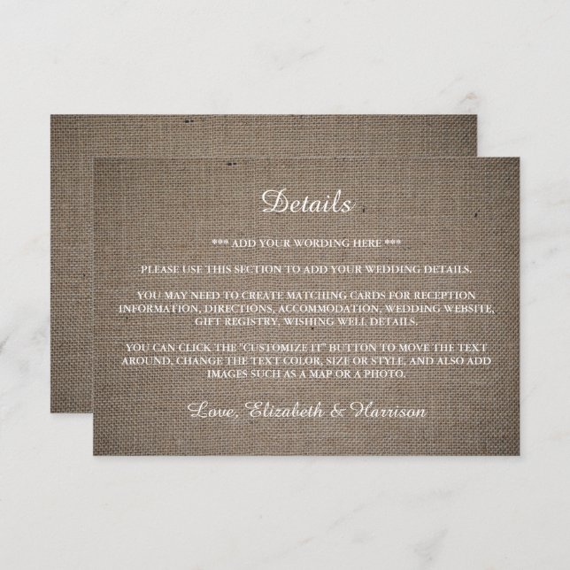 Carte D'accompagnement Rustic Burlap Mariage Détail (Devant / Derrière)