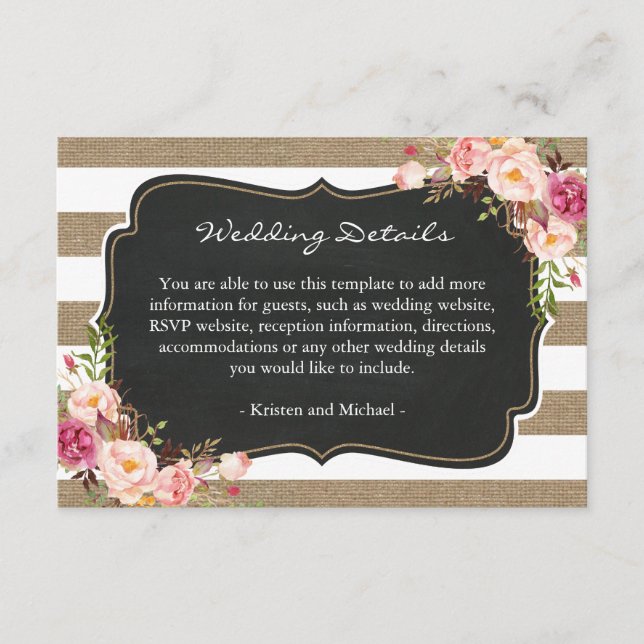 Carte D'accompagnement Rustic Burlap Stripes Floral Détails du Mariage In (Devant)