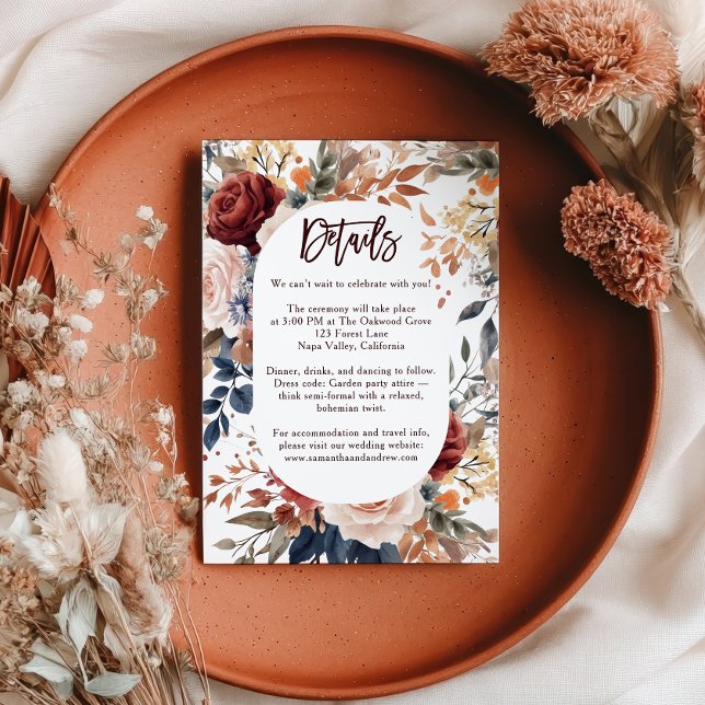 Carte D'accompagnement Rustic Burnt Orange Boho Floral Détails du Mariage (Rustic Burnt Orange Boho Floral Wedding Details Enclosure Card)