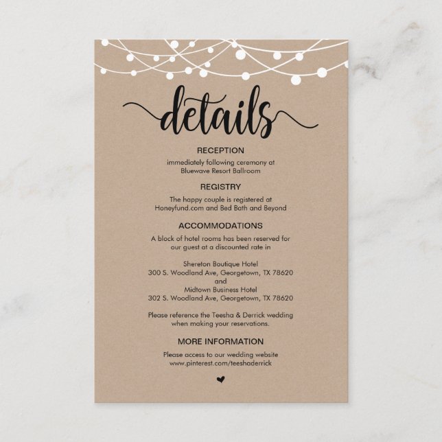 Carte D'accompagnement Rustic Farm String Lights design, détails Mariages (Devant)