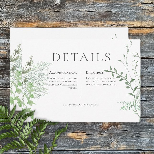 Carte D'accompagnement Rustic Fern Green Foliage White Détails du Mariage (Rustic Fern Green Foliage White Wedding Details Enclosure Card)