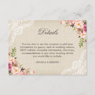 Carte D'accompagnement Rustic Floral Lace Burlap Détails du Mariage