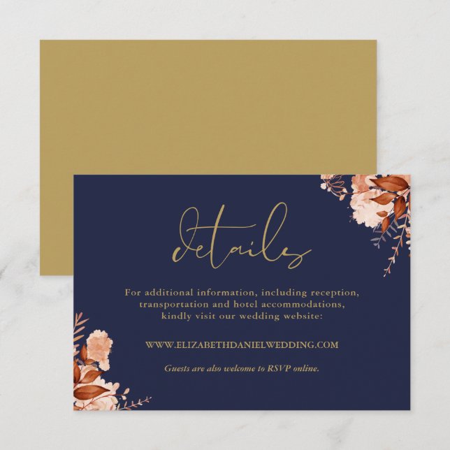Carte D'accompagnement Rustic Floral Navy Blue And Gold Détails du Mariag (Devant / Derrière)