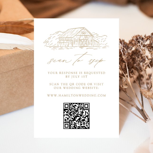 Carte D'accompagnement Rustic Gold Barn Mariage QR Code site web RSVP (Créateur téléchargé)