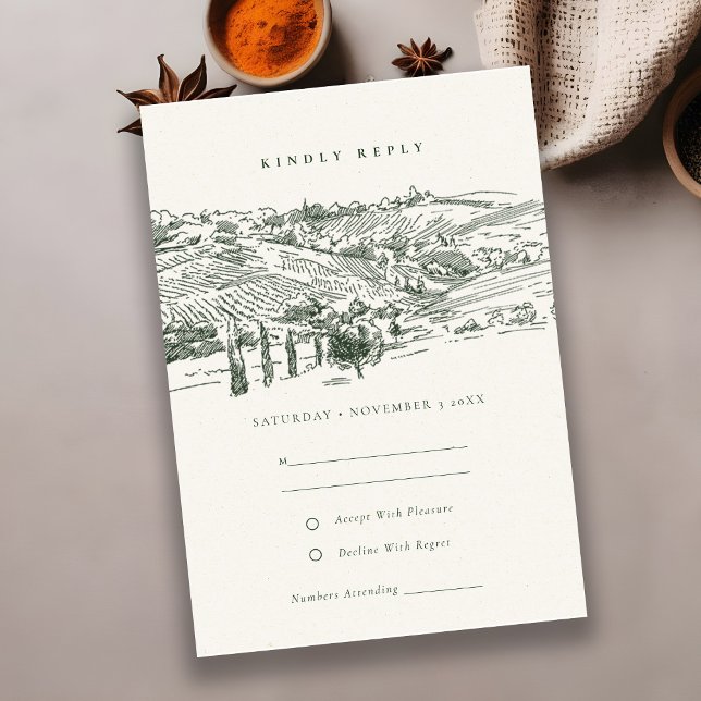 Carte D'accompagnement Rustic Green Winery Mountain Sketch Wedding RSVP (Créateur téléchargé)