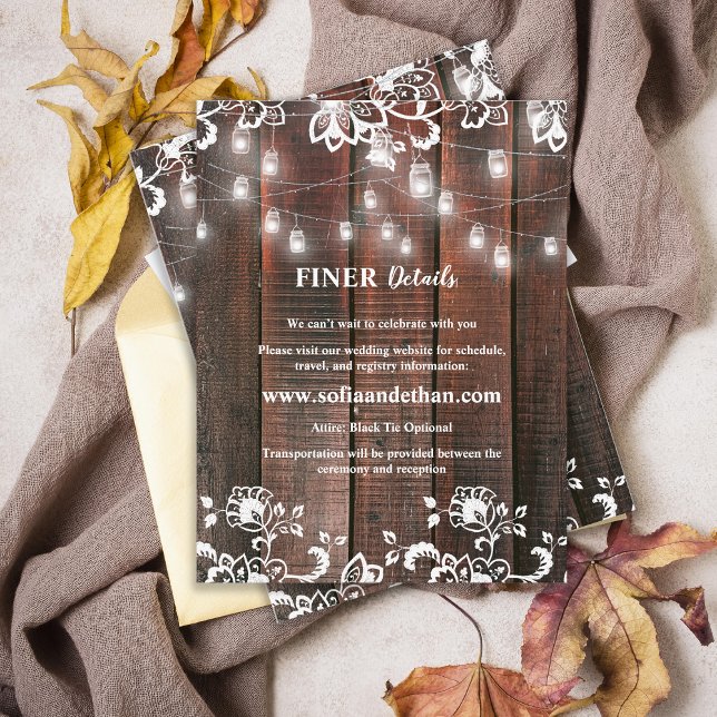 Carte D'accompagnement Rustic Lace Wood String Lights Wedding Details (Rustic Wood String Lights Wedding Details Card | Barn Lace Wood Enclosure Information Card)