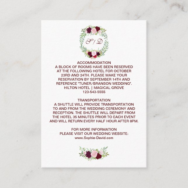Carte D'accompagnement Rustic Marsala Floral Wreath Détails du Mariage (Devant)