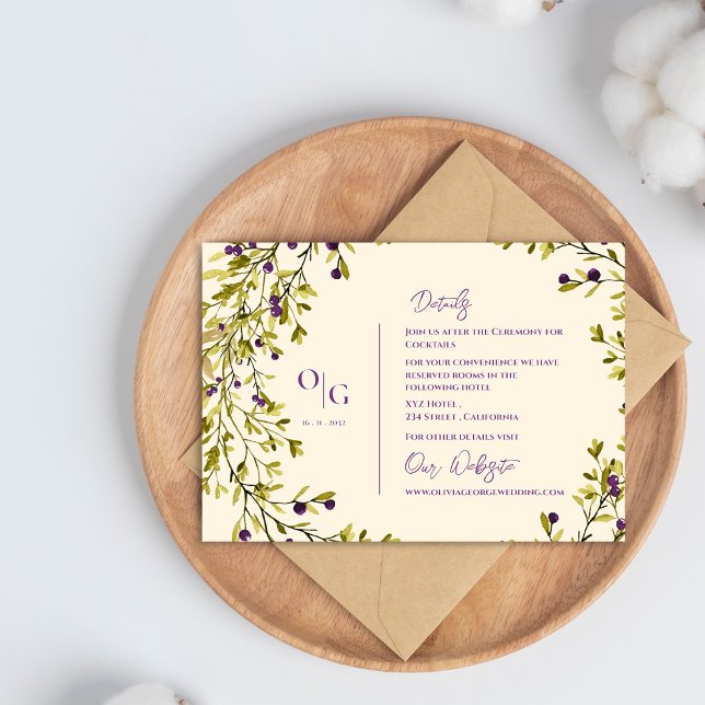 Carte D'accompagnement Rustic Purple Berry Greenery Détails du Mariage (Rustic Purple Berry Greenery Wedding Details Enclosure Card)