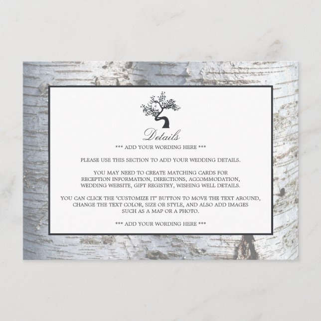 Carte D'accompagnement Rustic Silver Birch Tree Mariage détails (Devant)