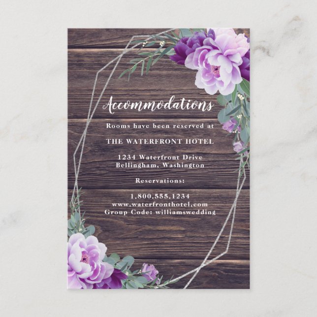 Carte D'accompagnement Rustic Silver & Purple Floral Détails Mariage Enc (Devant)