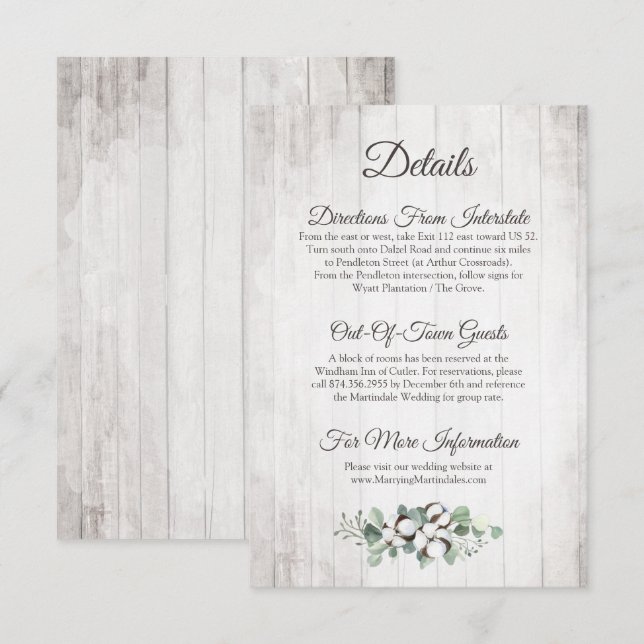 Carte D'accompagnement Rustic Southern Cotton Mariage Détail / Directions (Devant / Derrière)
