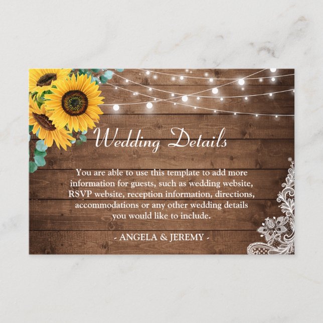 Carte D'accompagnement Rustic String Lights Sunflowers Détails du Mariage (Devant)