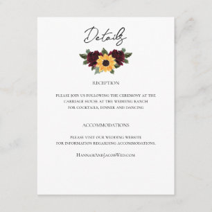 Carte D'accompagnement Rustic Sunflower Roses Détails du Mariage