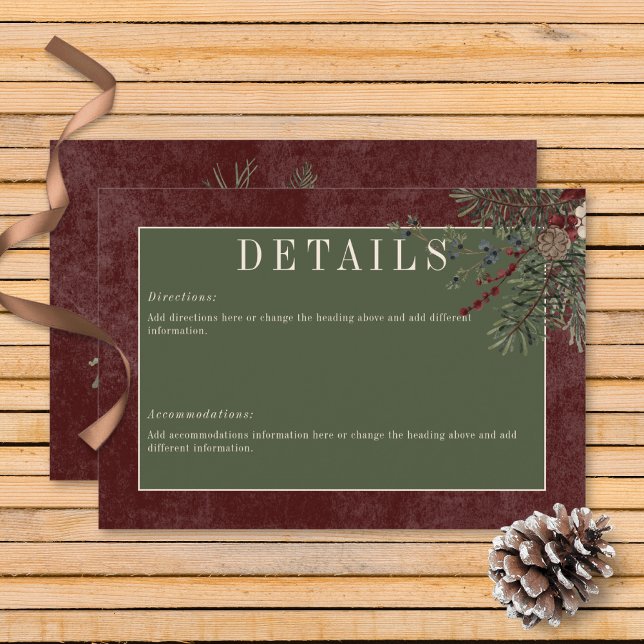 Carte D'accompagnement Rustic Winter Berries & Pine Bourgogne Détails (Rustic Winter Berries & Pine Burgundy Wedding Details Card)