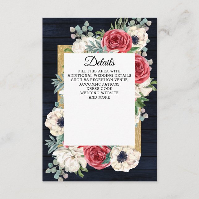Carte D'accompagnement Rustic Wood Navy Burgundy Gold Floral Mariage (Devant)