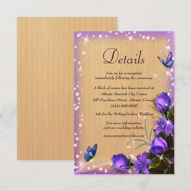 Carte D'accompagnement Rustic Wood Purple Floral Butterfly Mariage Détail (Devant / Derrière)