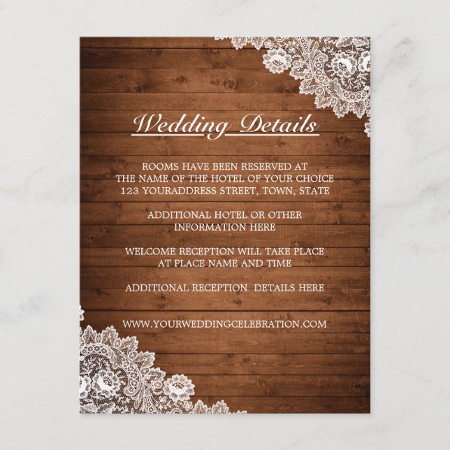 Carte D'accompagnement Rustic Wood & White Lace Détails du Mariage (Devant)