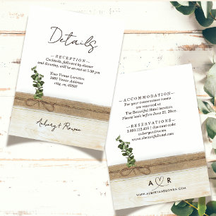 Carte D'accompagnement Rustique Boho Burlap Wood Eucalyptus Détails du Ma
