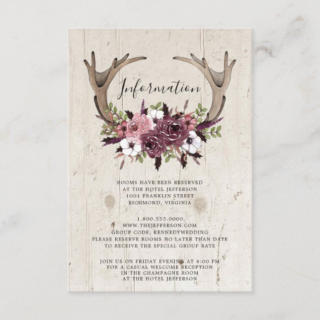Carte D'accompagnement Rustique Boho Floral Cerf Bois Mariage  (Devant)