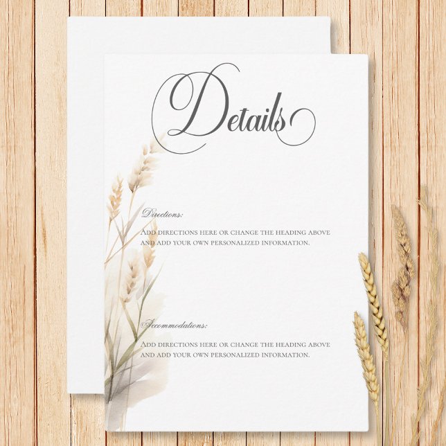 Carte D'accompagnement Rustique Boho séché Tan Grass Détails du Mariage (Rustic Boho Dried Tan Grass Wedding Details Enclosure Card)
