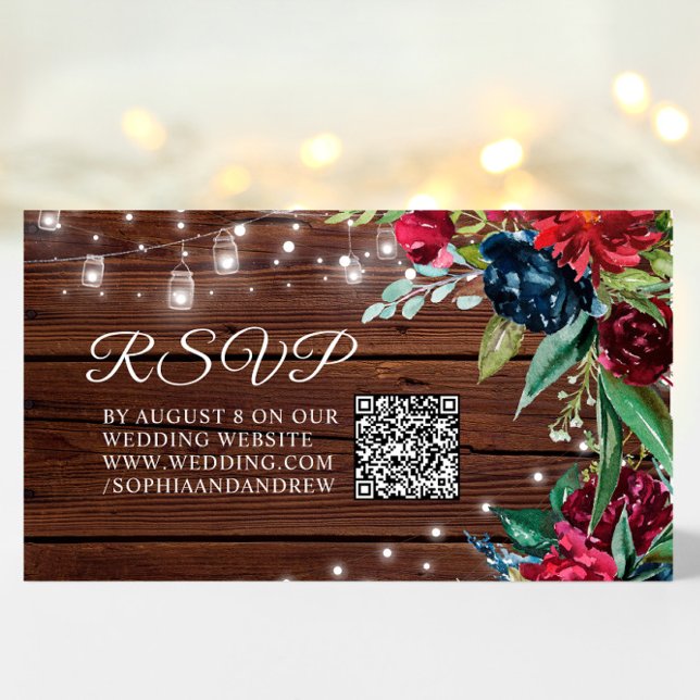 Carte D'accompagnement Rustique Bois Bourgogne Floral Lumières Mariage QR (Créateur téléchargé)