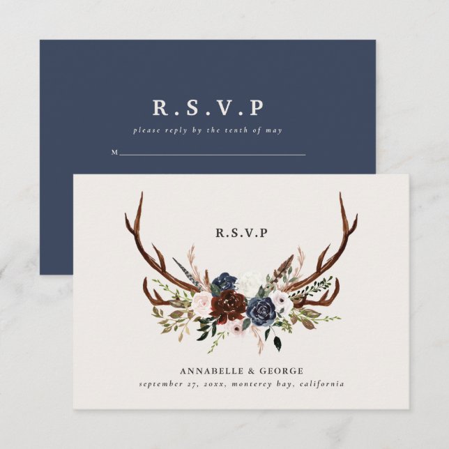 Carte D'accompagnement Rustique bordeaux mariage botanique floral (Devant / Derrière)