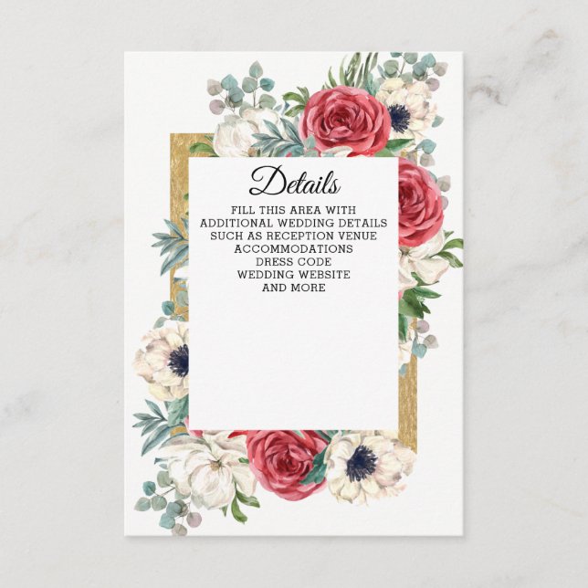 Carte D'accompagnement Rustique Elegant Rouge et or Floral Blanc Mariage (Devant)