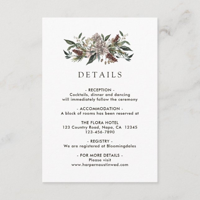 Carte D'accompagnement Rustique Floral Automne Détails du mariage d'hiver (Devant)