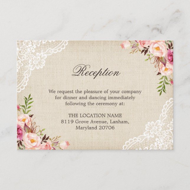 Carte D'accompagnement Rustique Floral Lace Burlap Réception Hébergement (Devant)