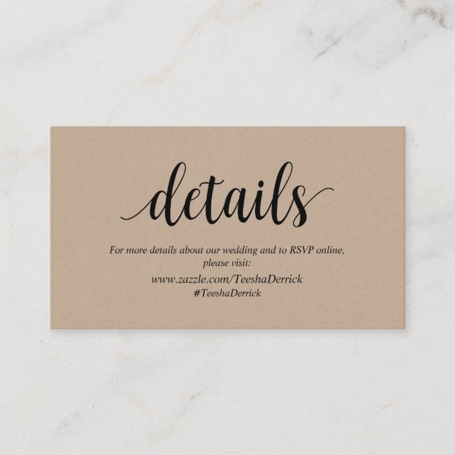 Carte D'accompagnement Rustique Kraft, Noir, Détails Mariage, RSVP en lig (Devant)