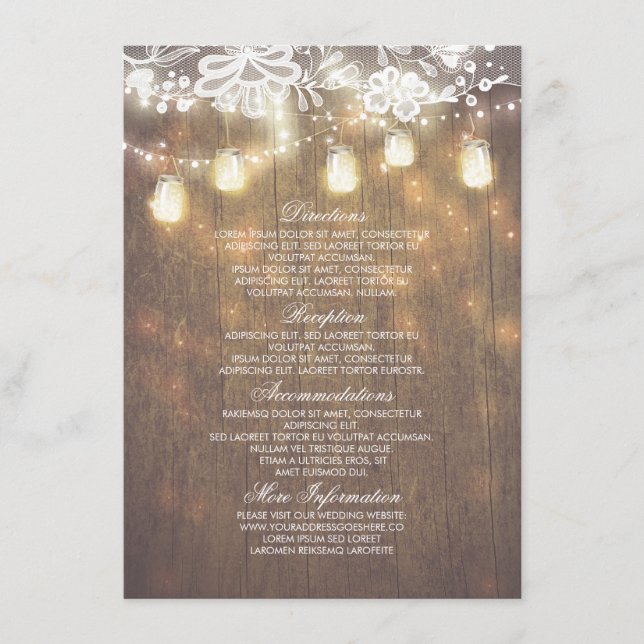 Carte D'accompagnement Rustique Mason Jars Lumières Dentelle Mariage Info (Devant)