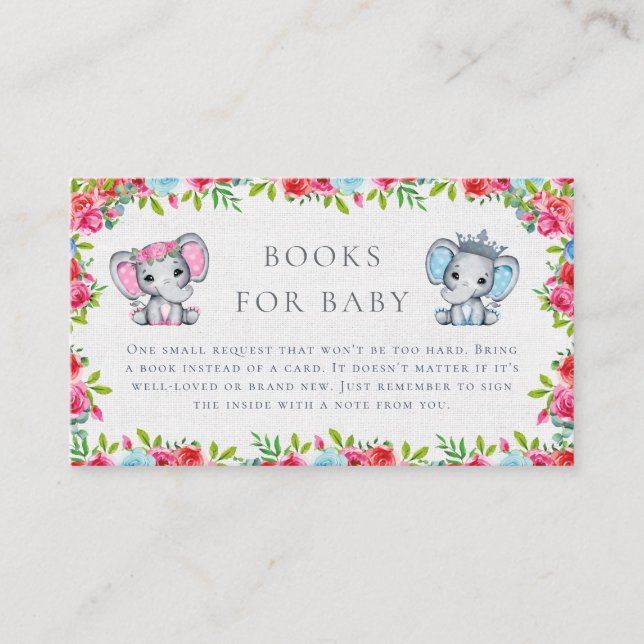 Carte D'accompagnement Rustique rose & bleu éléphant Roses Livres pour bé (Devant)