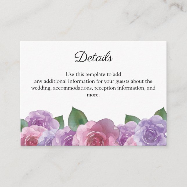 Carte D'accompagnement Rustique rose violet Rose Floral Détails du Mariag (Devant)